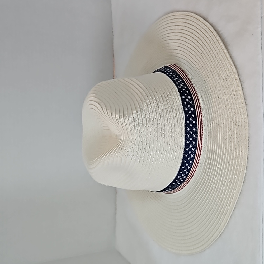 Women's Sunhat White Americana Band of Red/White/Blue Stars Adjustable Sz OS